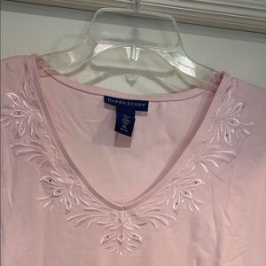 Karen Scott Light Pink Embroidered Short Sleeve Top